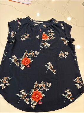 Womens Navy Floral Short-Sleeve Blouse